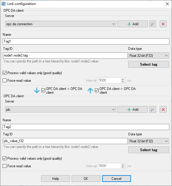 OPC client connection settings