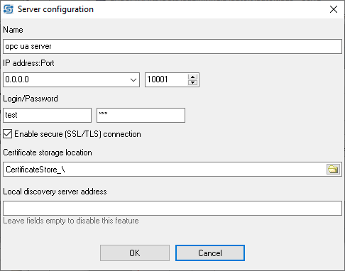 OPC UA server confuration