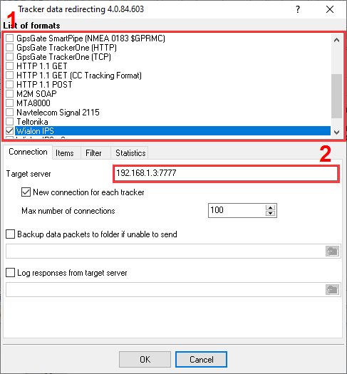 GPS tracker. Data redirecting configuration.