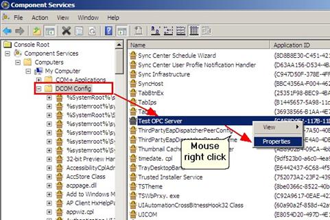 Specifying DCOM properties for the OPC server