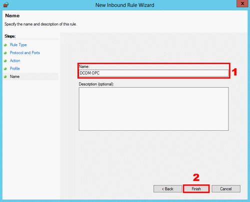 Rule name and finishing the New Inbound Rule Wizard