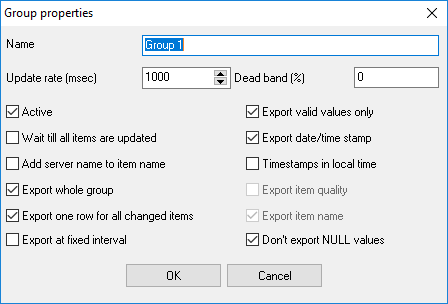 OPC ODBC. Group properties