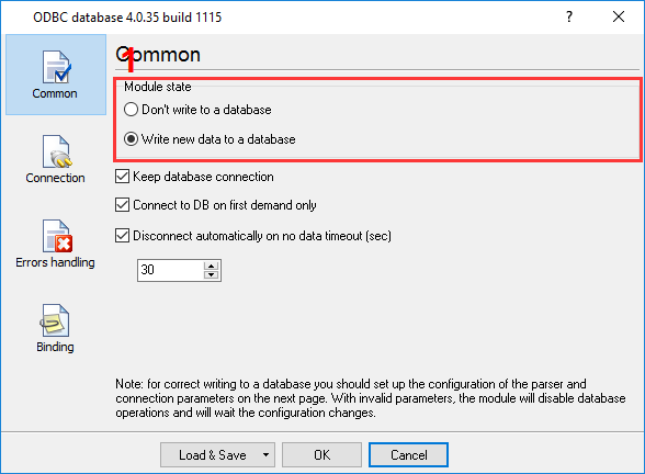 OPC ODBC. Configuring export to a database.