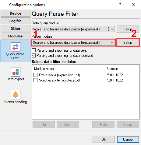 Selecting a parser module for all scales or balances