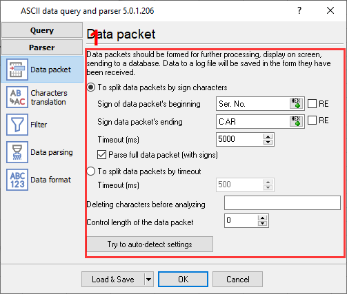 Data packet parser settings