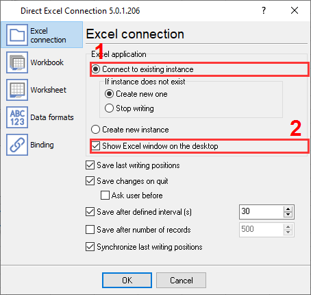 Configuring Excel connection settings