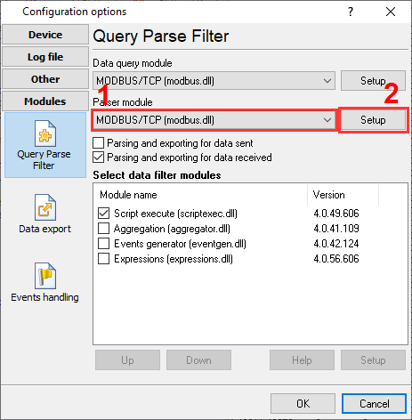 MODBUS plugin selection