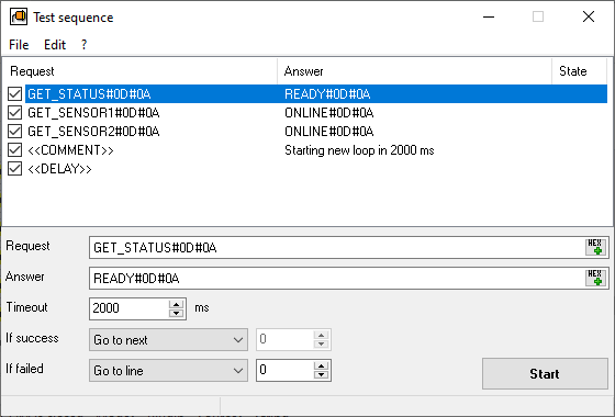 Test Sequence plugin with a list of request and expected response steps and their results